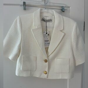 Zara New White Short Sleeve Cropped Blazer Top